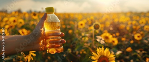 A hand holding a sunflower oil plastic bottle against