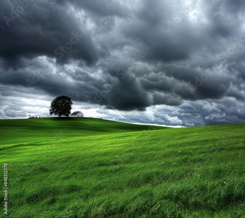 Green grassy hillside dales with an old tree and a small white house in the distance, a large dark grey cloud hanging low over everything