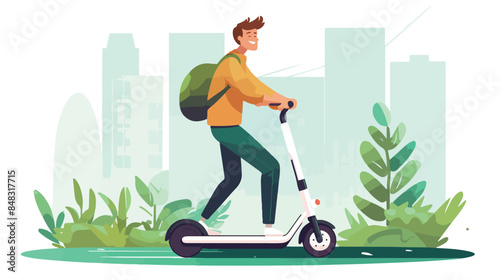 Young man riding electric kick scooter. Modern pers
