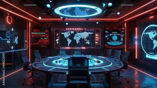 War room with interactive crisis maps and a focused team, Scifi, Neon, 3D Render, Detailed coordination