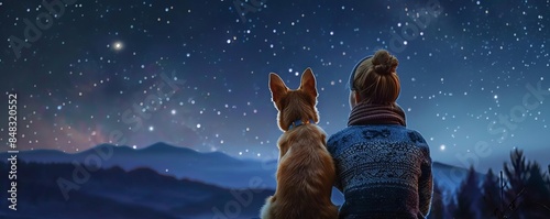 Pet and owner stargazing together, Heartwarming, Warm, Digital Art, Starry companionship
