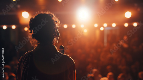 Narrator captivating an audience at a live storytelling event, dramatic spotlighting, right third copy space