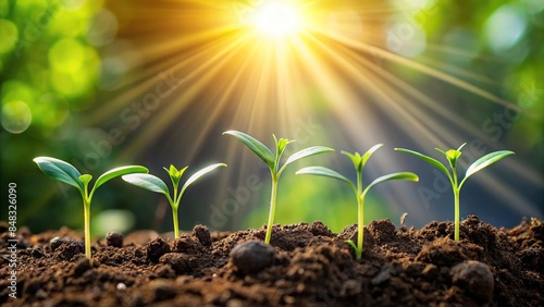 Seedlings sprouting from fertile soil, reaching for sunlight in the background, Ecology, growth, nature, environment, green