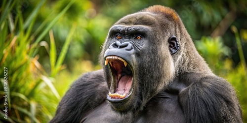 Gorilla roaring loudly in the wild, primate, power, fierce, aggression, wildlife, jungle, strength, animal, nature, intimidating
