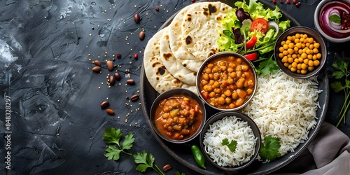 A variety platter with Rajma Masala roti dal jeera rice and salad. Concept Indian cuisine, Vegetarian dishes, Traditional flavors, Homemade meal, Healthy eating
