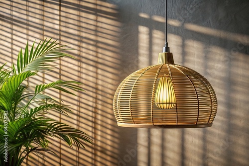Rattan pendant lamp hanging beside potted plant with shadows of window blinds on textured wall, rattan