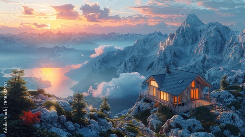 A beautiful alpine scene with a cozy cabin overlooking a scenic lake at sunrise, surrounded by rugged mountains