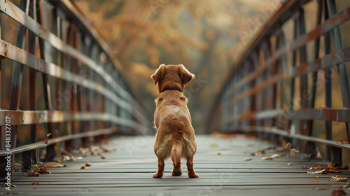 Hund steht aufmerksam auf der Brücke