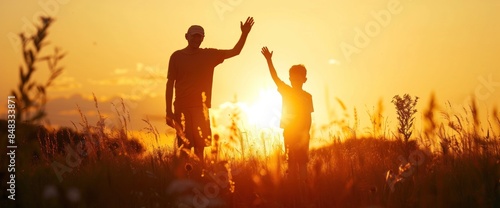 Silhouette of father high five with his son on the grass