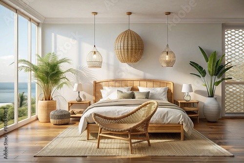 Coastal style bedroom interior with rattan furniture and blank wall , home