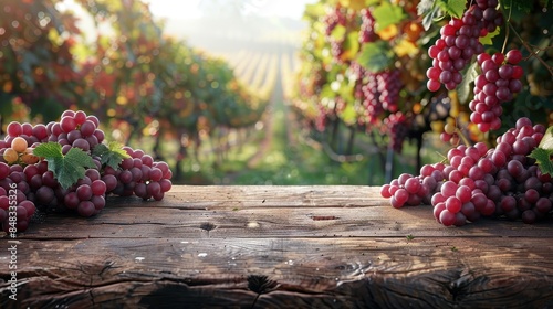 Close-up image of various bunches of grapes on a rustic wooden table with vineyard in the soft-focused background