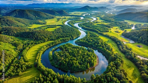 Aerial view of winding rivers and lush valleys, showcasing the earth's intricate beauty, aerial view, rivers, valleys, landscape
