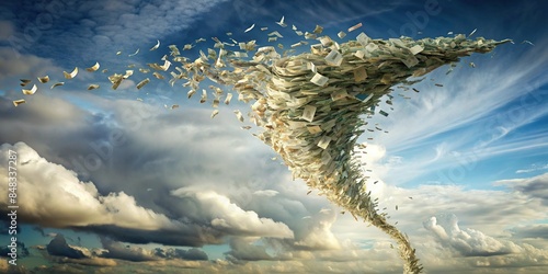 artwork of a tornado made of currency notes swirling in the sky, money, currency, storm, chaos, beauty, vibrant, hyper-realistic