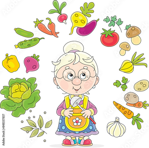 Funny granny going to cook an original tasty soup with fresh ripe vegetables from her summer kitchen garden and thinking about ingredients, vector cartoon illustration on a white background