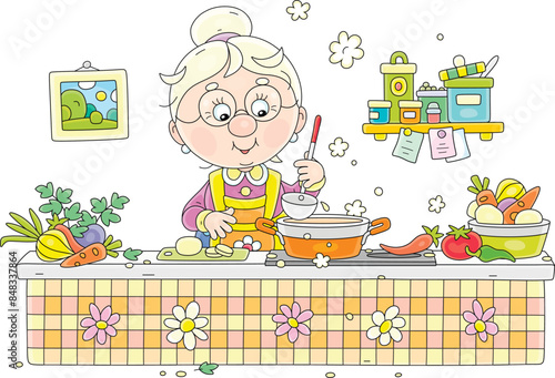 Funny granny cooking an original tasty soup with fresh vegetables and spices in a cozy kitchen of her village house, vector cartoon illustration isolated on a white background