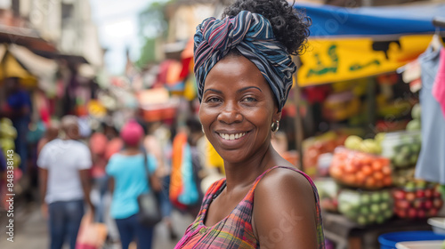 smiling beautiful black woman in colorful headscarf walking through vibrant market street, Brazil