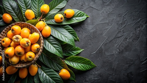 Fresh loquat fruits and leaves on a black background, loquat, fruit, leaves, black, background, tropical, organic, healthy
