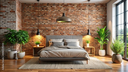 Modern bedroom interior featuring a cozy bed with brick wall, bedside tables, lamps