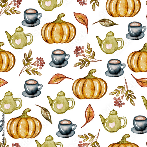 Autumn seamless pattern with cozy elements in watercolor style. Vector illustration of pumpkins, fall seasonal leaves