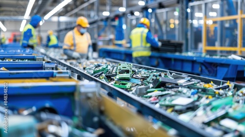 Recycling Plant Workers Sorting Electronics on Conveyor Belt. Workers in protective gear process and categorize electronic waste.