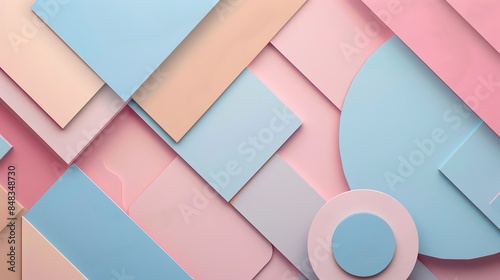 An abstract background of pastel-colored geometric shapes, mostly squares and circles.