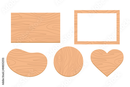 Wooden shapes in geometric forms, smooth figure and heart, wooden frame. Cartoon imitation of a wood. Vector illustration