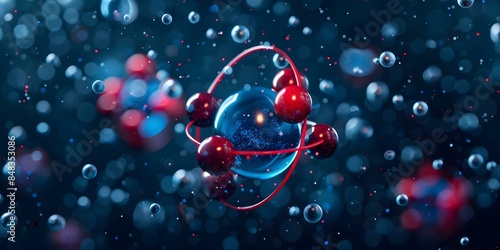 3D model showing red and blue spheres representing electrons orbiting a nucleus. Concept 3D Modeling, Physics Illustration, Atomic Structure, Electron Orbits, Educational Visualization