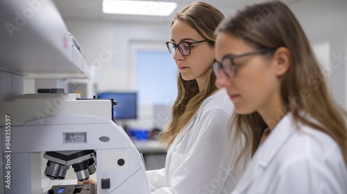 Two scientists in a modern laboratory, deeply focused on their research with microscopes, embodying the pursuit of knowledge and scientific discovery