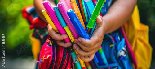 Back to School Concept: Hands Holding Colorful School Supplies for Packing in Backpack