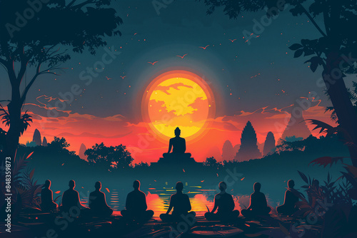 Silhouette of Buddha and Monks Meditating at Sunset in the Jungle