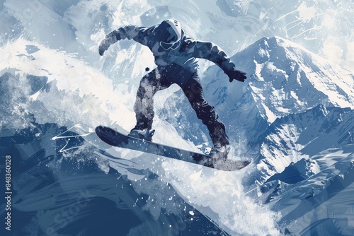 Graffiti of A snowboarder performing a high-flying trick during the Winter Olympics, with snow-capped mountains in the background.,w/clipping path