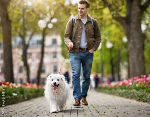 Mężczyzna wyprowadza psa na spacer w parku