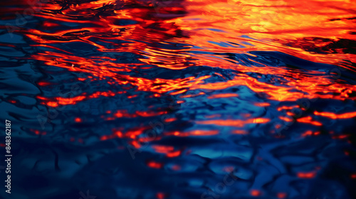 Tons vibrantes de vermelho e azul refletindo sobre uma superfície ondulada da água, criando um efeito abstrato de fogo