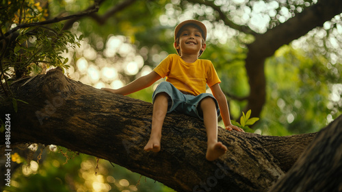menino, expressão feliz, sentado em um galho de árvore grande, floresta verde ao fundo