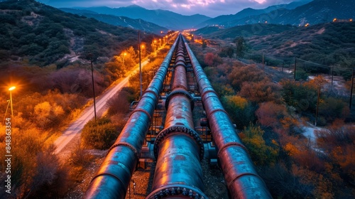 Tough steel pipelines for transporting natural gas at a significant distribution facility. Driving global energy commerce and international trade partnerships.