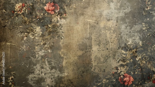 A worn and faded floral pattern on a textured, aged background.