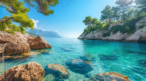 Crystal clear waters lap against rugged cliffs in a hidden cove where nature's beauty flourishes.