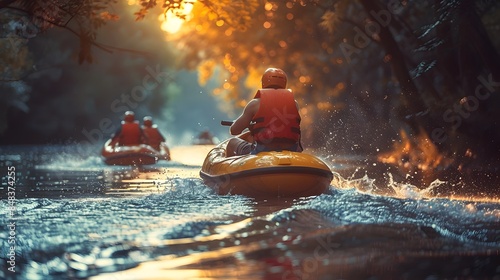 Kayaking Through the Serene River Surrounded by the Vivid Golden Sunset Glow