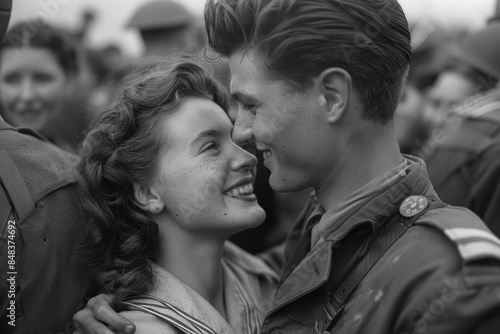 "1945 Reunion of Soldier and Nurse: Heartwarming Moment Amidst Victory Celebration"