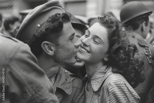 1945 Victory Reunion: Soldier's Emotional Reunion with Nurse Girlfriend Amidst Joyful Crowd Celebrations