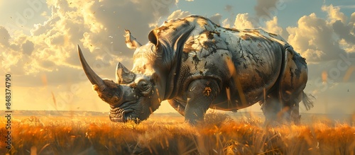 Majestic Rhinoceros Grazing in the Serene African Grasslands