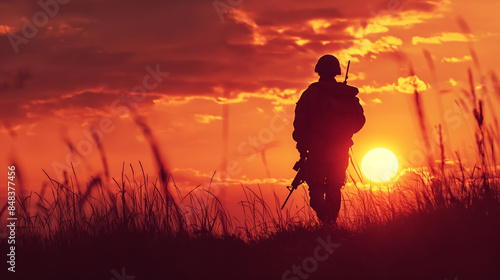 Silhueta de soldado ao pôr do sol, no campo de batalha, representando coragem e sacrifício na guerra moderna