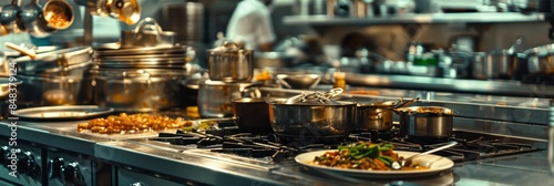 kitchen with many pots and pans on stove.