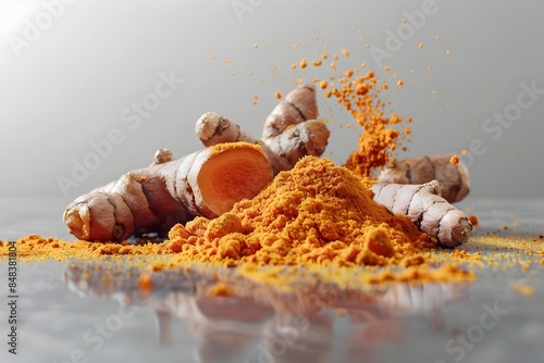 Vibrant Turmeric Root and Powder on Transparent Background