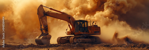 Excavator on Sand with Warm Tone Wide Shot