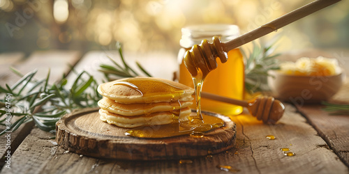 close-up of a stack of pancakes being drizzled with honey from a jar on a wooden table
