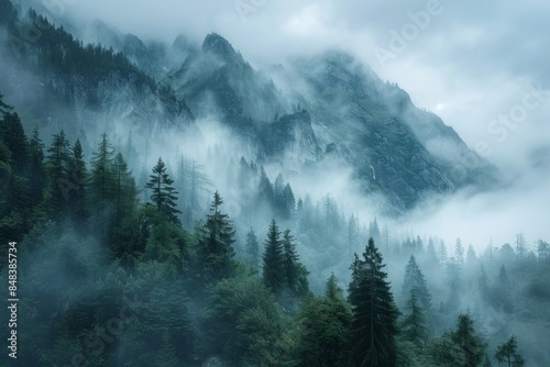 Misty foggy forest mountain landscape