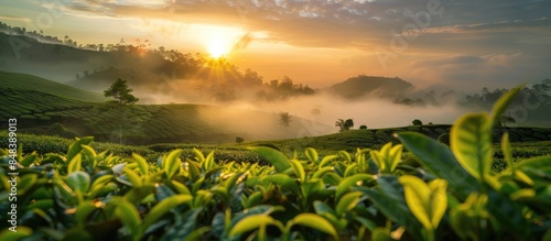 Green tea plantation during sunrise, set against a backdrop of natural beauty.