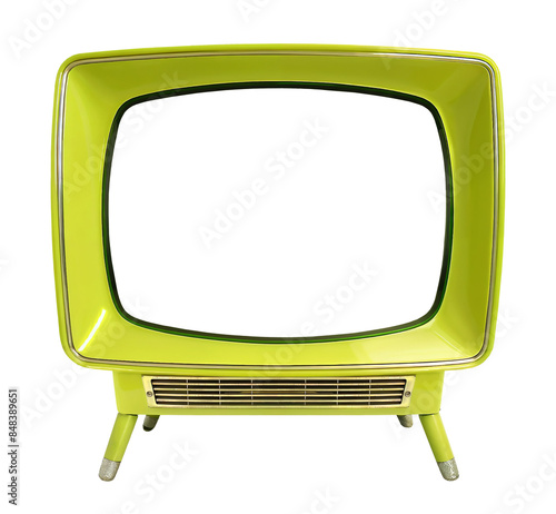 Mid century pop art lime green television set isolated on a transparent background. NTSC, VHF, UHF, antenna reception.