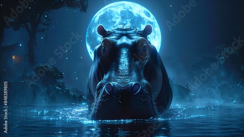 A hippopotamus stands in a body of water with a full moon in the background